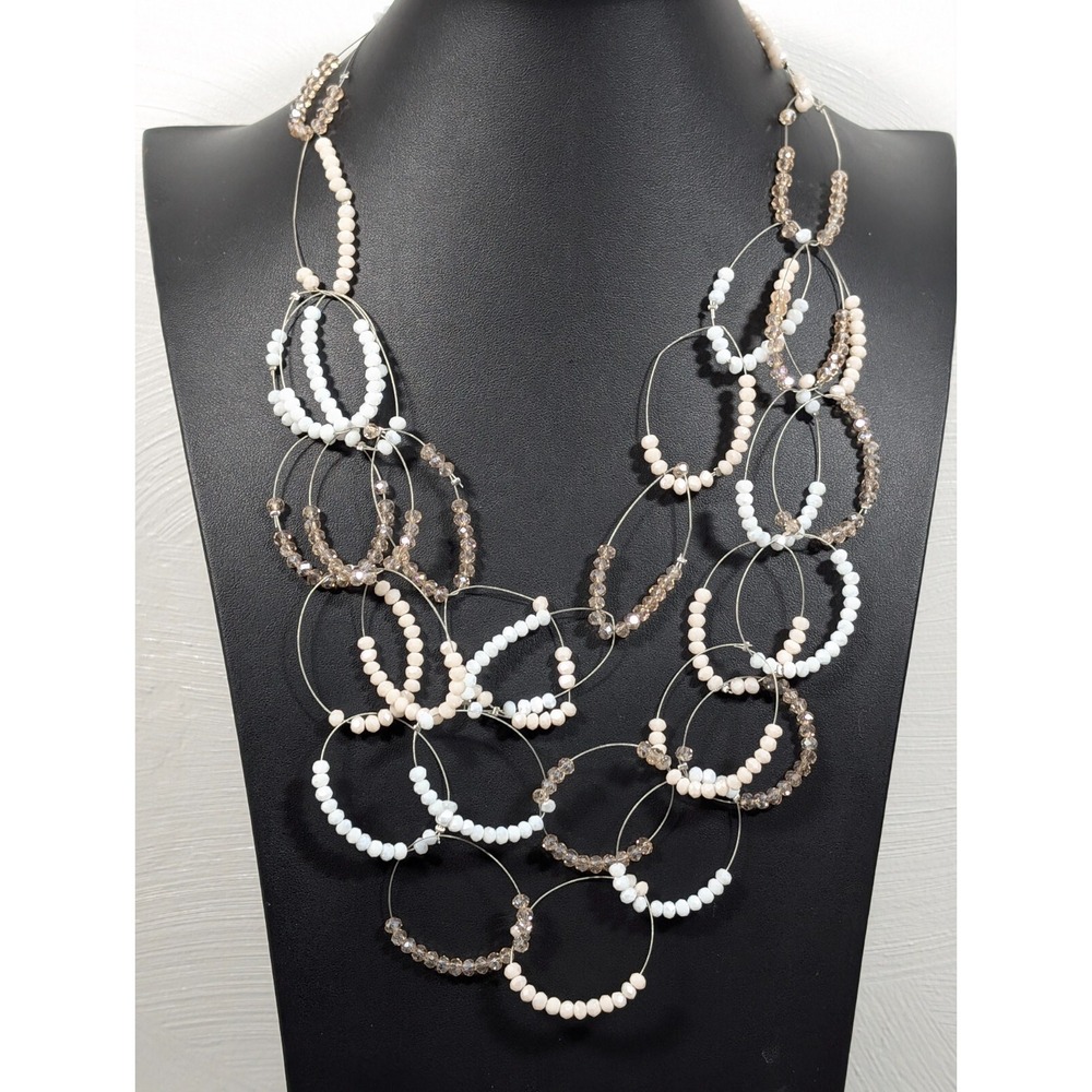 RUSH‎ Denis & Charles White Glass Bead Wire Bib Statement Necklace Boho Western